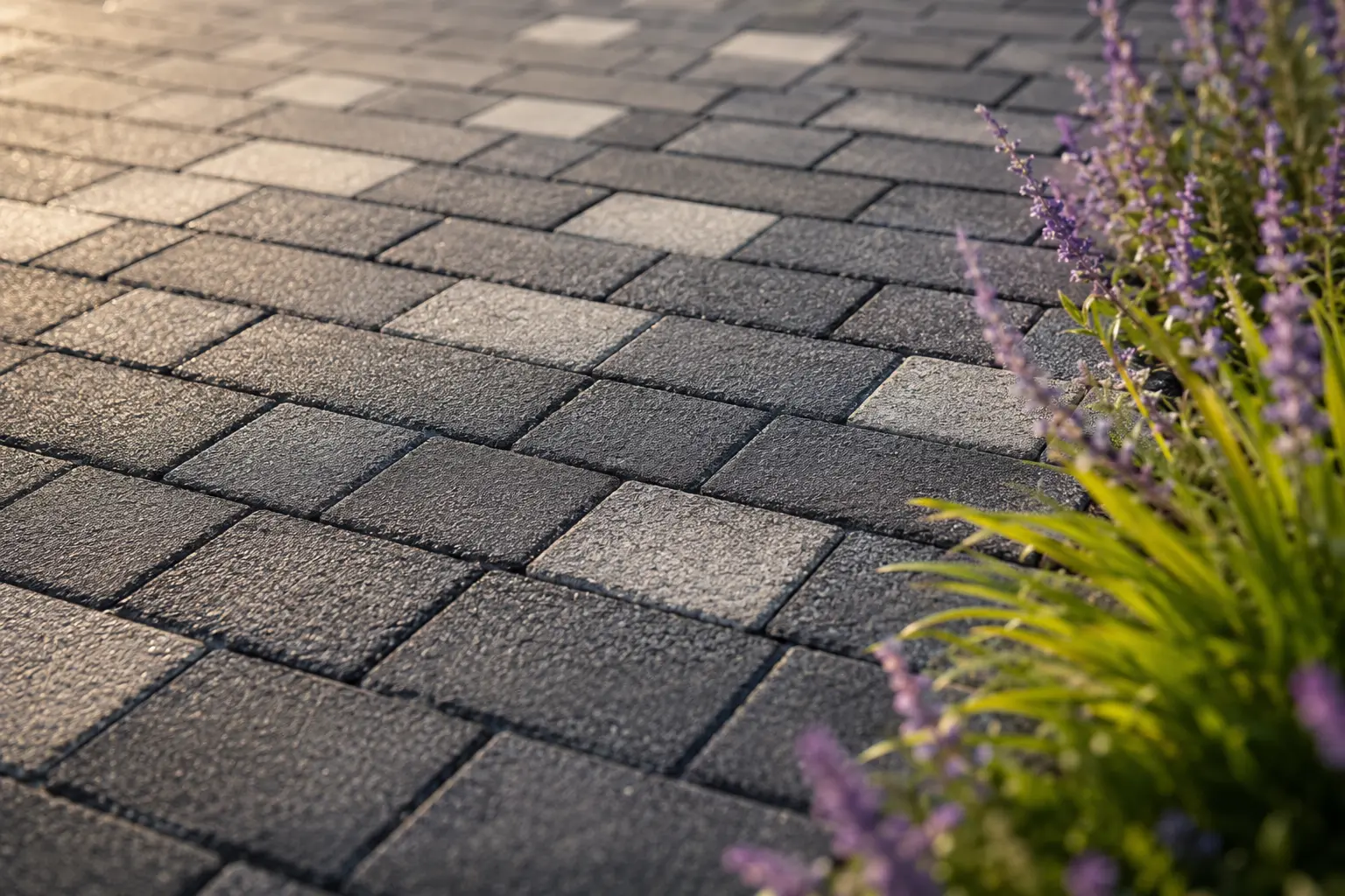 Визуализация графитовой брусчатки со светло-серыми акцентами возле цветника